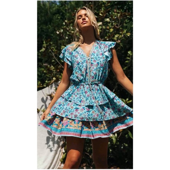 bohemian floral print v neck ruffle purple dress - Picture 2 of 16